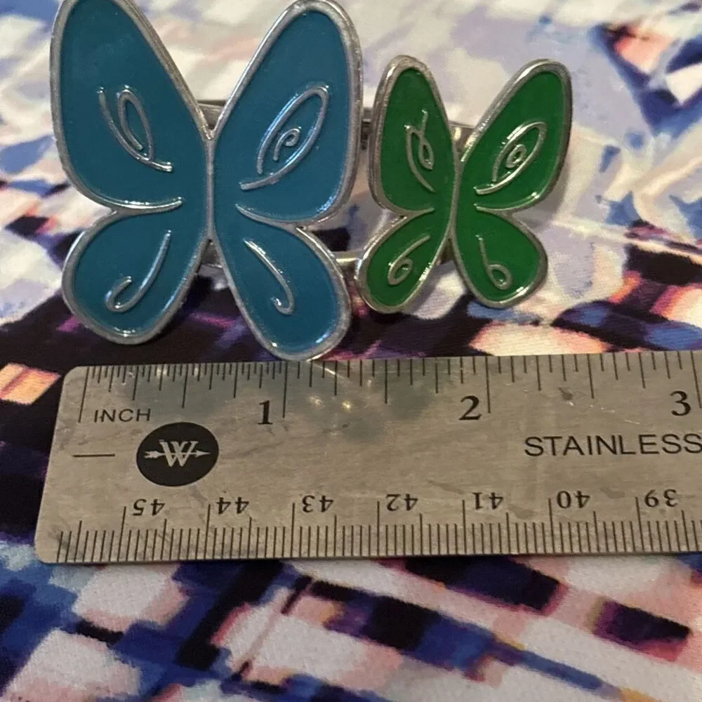 Set Of 4 Enamel Blue/Green Butterfly‎ Napkin Rings Holder Silver Metal